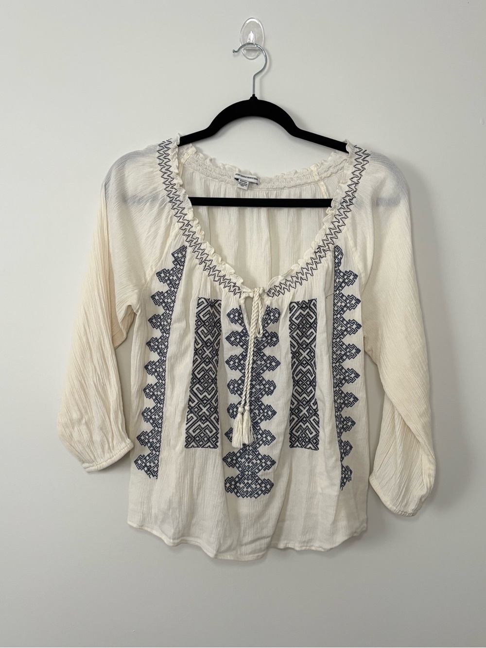 American Eagle Ivory Embroidered Tassel Boho Peasant Blouse Size S